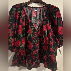 Old Navy Black and Red Floral Blouse